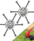 6 Inch Steel Wire Weed Trimmer Head Replacement for Electric Cordless String Trimmers, showing two metal wire heads and a red trimmer