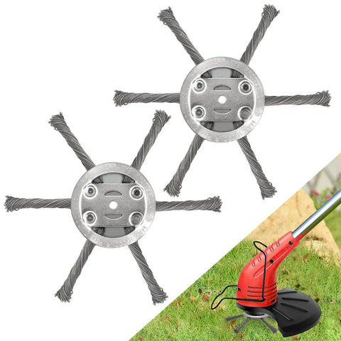 6 Inch Steel Wire Weed Trimmer Head Replacement for Electric Cordless String Trimmers, showing two metal wire heads and a red trimmer