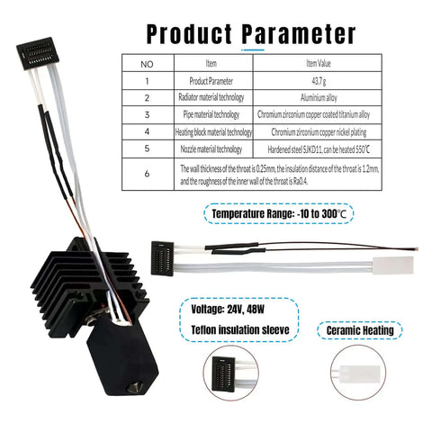 Diagram of hotend upgrade kit parameters for P1P/P1S printers, showing material details and temperature specifications.