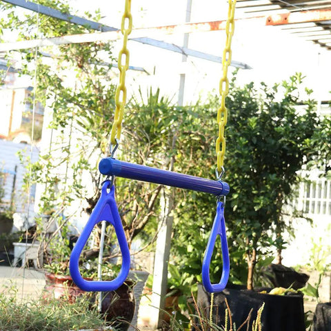 18 Inch Trapeze Bar With Rings Heavy Duty 48 Inch Plastic Coated Chains For Backyard Swing Sets hanging outdoors
