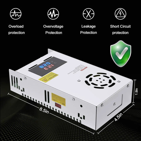 Adjustable Power Supply With LED Display 110V 120V To 240V AC 24V DC Converter 480W 20A For 5V 9V 12V 24V showing dimensions and features.