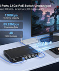 18 Port 10G 2.5G Ethernet Switch With 16 2.5G RJ45 PoE Capable Ports And 2 10GBASE-T Uplinks Unmanaged Plug And Play Desktop Network Switch 80Gbps Capacity Perfect For NAS PC And Wireless AP Mountable On Desk Or Wall displayed on desk next to computer monitor.