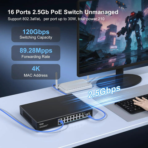 18 Port 10G 2.5G Ethernet Switch With 16 2.5G RJ45 PoE Capable Ports And 2 10GBASE-T Uplinks Unmanaged Plug And Play Desktop Network Switch 80Gbps Capacity Perfect For NAS PC And Wireless AP Mountable On Desk Or Wall displayed on desk next to computer monitor.