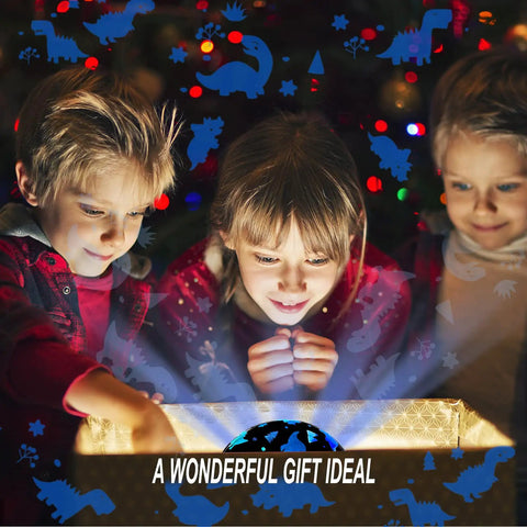 Children opening gift box with projected images, promoting Two Pack Kids Night Light Projector For Bedroom With Six Films Starry Sky Unicorns Dinosaurs Pink And Blue Colorful Glow 4.1 X 3.8 Inches Perfect Gift For Kids