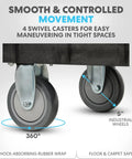 Close-up of 5-inch swivel wheels on Heavy Duty Rolling Utility Cart With Ergonomic Handle And Deep Shelves For Garage, Warehouse Or Workshop