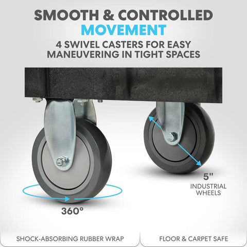Close-up of 5-inch swivel wheels on Heavy Duty Rolling Utility Cart With Ergonomic Handle And Deep Shelves For Garage, Warehouse Or Workshop