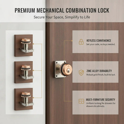 Mechanical Combination Cam Lock In Gold Zinc Alloy For Drawers And Cabinets Keyless Dial Lock shown on door with features