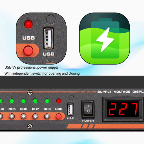 Close-up of USB 5V professional power supply outlet on Ten Outlet Power Sequencer Conditioner With Independent Controls And Clear Digital Voltage Display For Touring Stages Amplifiers And Home Listening Rooms Us Plug Straight Up Gear Coverage Without Fry Your Amp Drama.