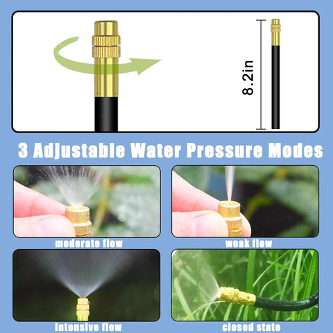 Close-up of brass nozzle on 49.21Ft Drip Irrigation Kit with adjustable flow modes for gardens and greenhouses.