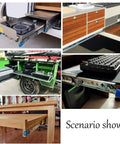 Premium Heavy Duty Ball Bearing Drawer Slides Dual Pack installed under kitchen cabinets and RV setups for smooth gliding.