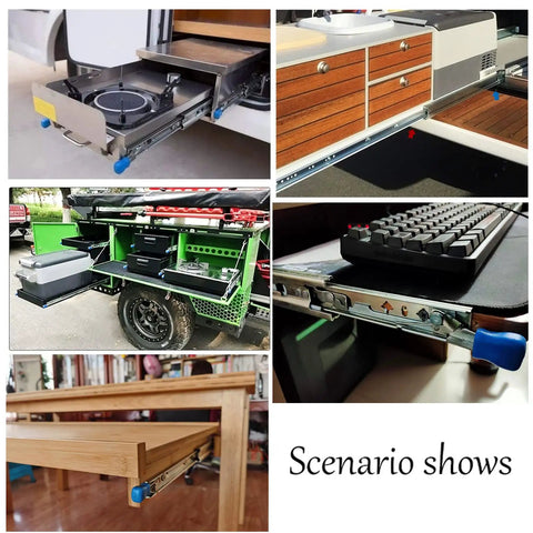 Pro Grade 2 Pack Heavy Duty Ball Bearing Drawer Slides Undermount Runners For Cabinets Rvs And Trucks shown in various setups.