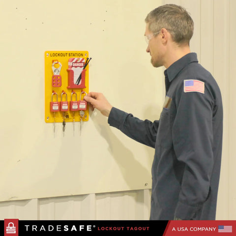 Person using Lockout Tagout Station Kit With 26 LOTO Devices And 20 Do Not Operate Tags Padlock Hasps Wall Mount Board OSHA Compliant