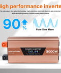 Dead Simple 3000 Watt Pure Sine Wave Inverter Converts 12V DC To 120V AC With Three Household Outlets type C and A ports.