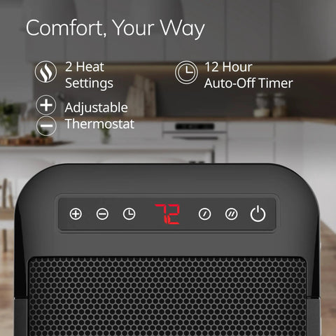 Close-up of Cozy Up With MyHeat Max Portable Ceramic Space Heater controls with adjustable thermostat and digital display