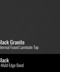 Black granite thermal fused laminate top and black T-mold edge band material swatch for Kidney Shaped 36 By 72 Inch Classroom Activity Table With Height Adjustable Legs From 19 To 29 Inches In 1 Inch Increments Black Granite Laminate Top Silver Mist Base Black Edge Durable Built Tough School Furniture Made In USA.