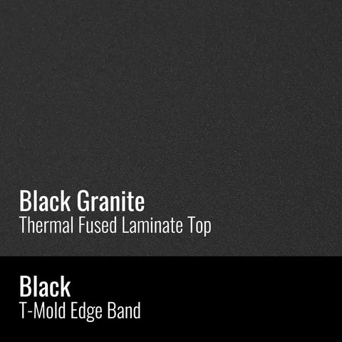 Black granite thermal fused laminate top and black T-mold edge band material swatch for Kidney Shaped 36 By 72 Inch Classroom Activity Table With Height Adjustable Legs From 19 To 29 Inches In 1 Inch Increments Black Granite Laminate Top Silver Mist Base Black Edge Durable Built Tough School Furniture Made In USA.