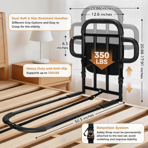 Heavy Duty Bed Rail With Dual Grab Bars For Elderly Adults 400 Lbs Capacity Adjustable Height Non Slip Foam Grips shown on bed