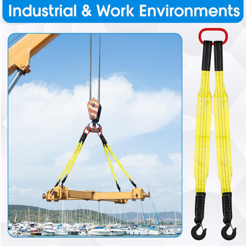 Two Pack Lifting Slings With Hooks Web Slings Polyester Bridle Slings Heavy Duty Two Leg Lifting Straps with crane in use