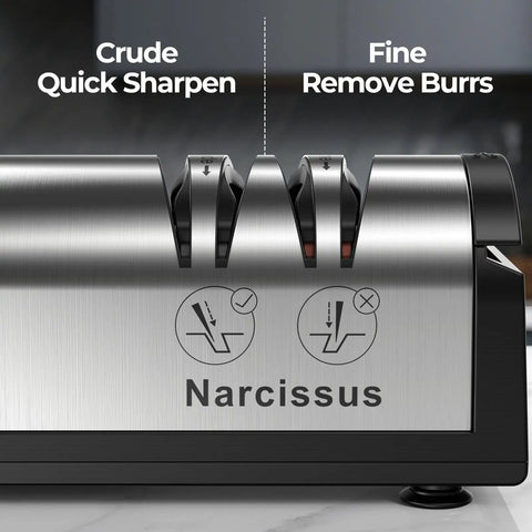 Fast 2 Stage Electric Knife Sharpener For Home Kitchen showing sharpening slots and stainless steel finish