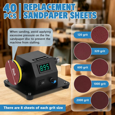 Replacement sandpaper sheets for Straight Up Heavy Duty 4 In 1 Mini Disc Sander Electric Tabletop Grinder, 3 inch size, various grits.
