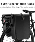 Rainproof Bike Rack Pannier Bag With Reflective Strips and Buckle on a rear bike rack, adjustable straps visible, 18 to 28 L capacity.