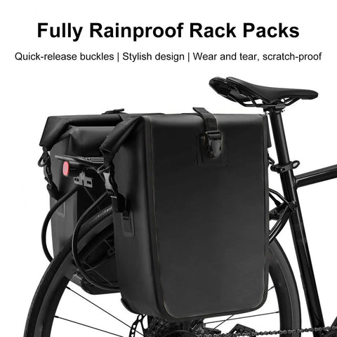 Rainproof Bike Rack Pannier Bag With Reflective Strips and Buckle on a rear bike rack, adjustable straps visible, 18 to 28 L capacity.