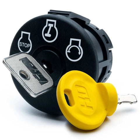 Close-up of Ignition Key Switch With Protective Umbrella Key Plug And Play Compatible With Craftsman MTD Troy Bilt, black, yellow key