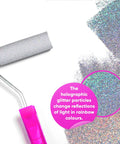 Close-up of Glitter Paint Additive 5.3oz with 2 Buffing Pads, Holographic Silver Sparkle applied with roller on surface