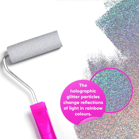 Close-up of Glitter Paint Additive 5.3oz with 2 Buffing Pads, Holographic Silver Sparkle applied with roller on surface