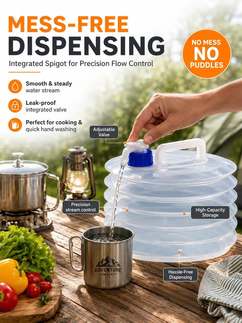 Collapsible Water Tank With Spigot For Camping And Road Trips dispensing water into a mug on a picnic table.