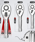 Front view of TOMMARS stubby ratchet set with 1/4, 3/8 and 1/2 inch drives; chrome knurled handles, quick-release.