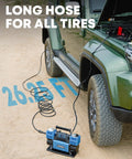 12V Dual Cylinder Air Compressor With Digital Display Panel And Auto Stop Inflation, Heavy Duty Tire Pump next to an offroad vehicle