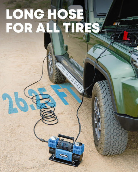 12V Dual Cylinder Air Compressor With Digital Display Panel And Auto Stop Inflation, Heavy Duty Tire Pump next to an offroad vehicle