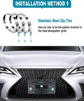 Universal Front License Plate Bracket Kit For Cars, Quick Front Mount shown with stainless zip ties on vehicle grill.