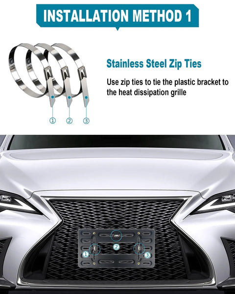 Universal Front License Plate Bracket Kit For Cars, Quick Front Mount shown with stainless zip ties on vehicle grill.