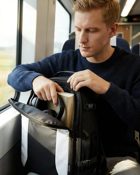 Person on a train packing a TSA Friendly Carry On Travel Backpack for Men and Women With 180 Degree Full Opening Waterproof Pocket.