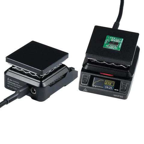 MHP50 Compact Soldering Preheater Hot Plate With Separable Controller shown with OLED display and heating area, ideal for small PCBs.