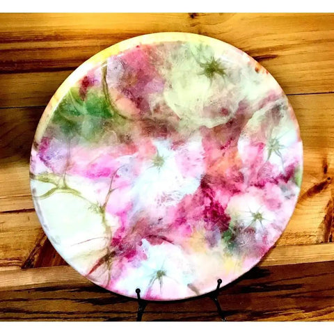 15 Inch Rustic Farmhouse Round Wooden Lazy Susan Centerpiece with colorful floral design on wooden surface for dining table