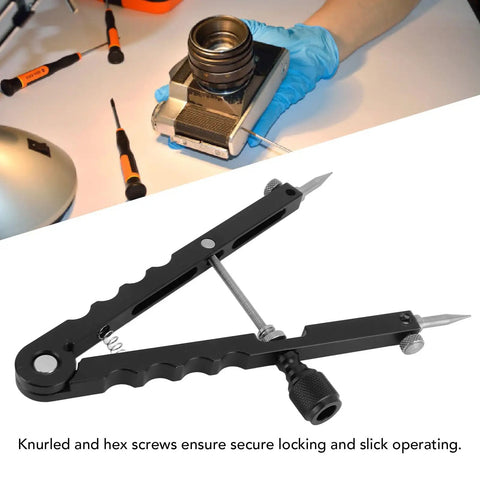 Handy Lens Opener Tool Kit With 3 Interchangeable Tips For 37mm To 86mm Openings shown beside a camera lens setup