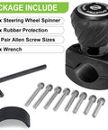 Universal Steering Wheel Knob Power Handle Spinner package with non-slip grip, wrench, allen screws, black color.