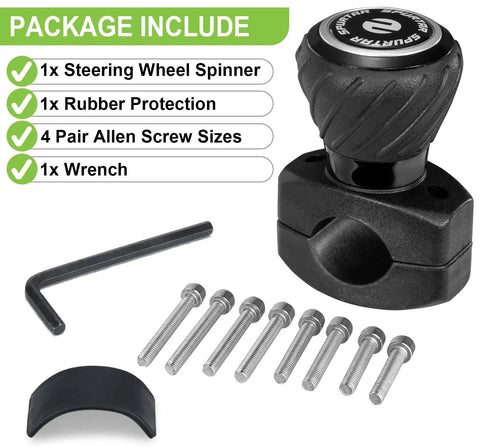 Universal Steering Wheel Knob Power Handle Spinner package with non-slip grip, wrench, allen screws, black color.