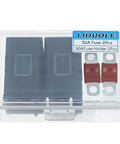 Complete Kit 2 Pair 50 Amp Bolt On Fuse Holders With Included MIDI Blades High Current Circuit Protection For Rugged Rig And Vehicle in packaging.