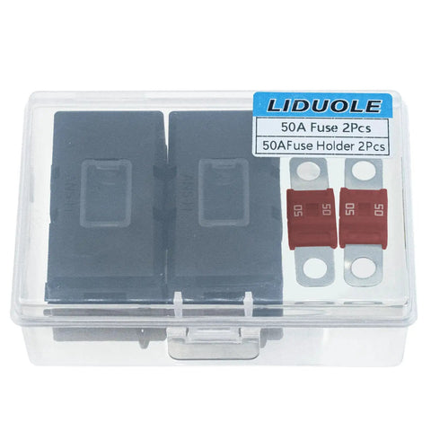 Complete Kit 2 Pair 50 Amp Bolt On Fuse Holders With Included MIDI Blades High Current Circuit Protection For Rugged Rig And Vehicle in packaging.
