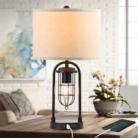Cool Industrial Modern Table Lamps Set Of 2 With Night Light And Dual USB Ports Espresso Metal Lantern Style on table