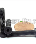 Heavy Duty Size Ten Thirty Two Coarse Thread Low Head Socket Cap Screws One Inch Long Alloy Steel With Thermal Black Oxide Finish Ten Pack next to a penny.