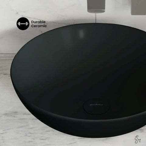 Close-up of 16 Inch Matte Black Vessel Ceramic Sink For Above Counter Installation Scratch Resistant Non-Porous Ceramic
