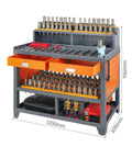 Heavy Duty Steel Workbench And Garage Tool Organizer Cabinet With Pegboard Hanging Parts Bins Lockable Drawers, featuring mounted tool bins and spacious drawers.