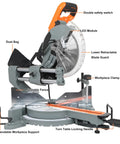 Professional Grade 10 Inch Sliding Compound Miter Saw Fueled By A Boss 15 Amp Motor showing adjustable fence and dust bag.