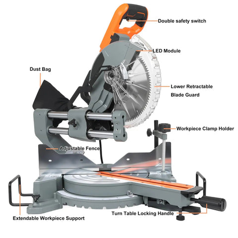 Professional Grade 10 Inch Sliding Compound Miter Saw Fueled By A Boss 15 Amp Motor showing adjustable fence and dust bag.