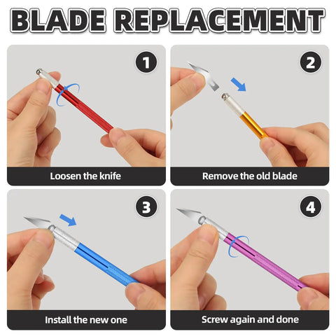 Steps for blade replacement in 55 Pack Exacto Knife Set With 5 Craft Knives And 50 Precision Blades For Art